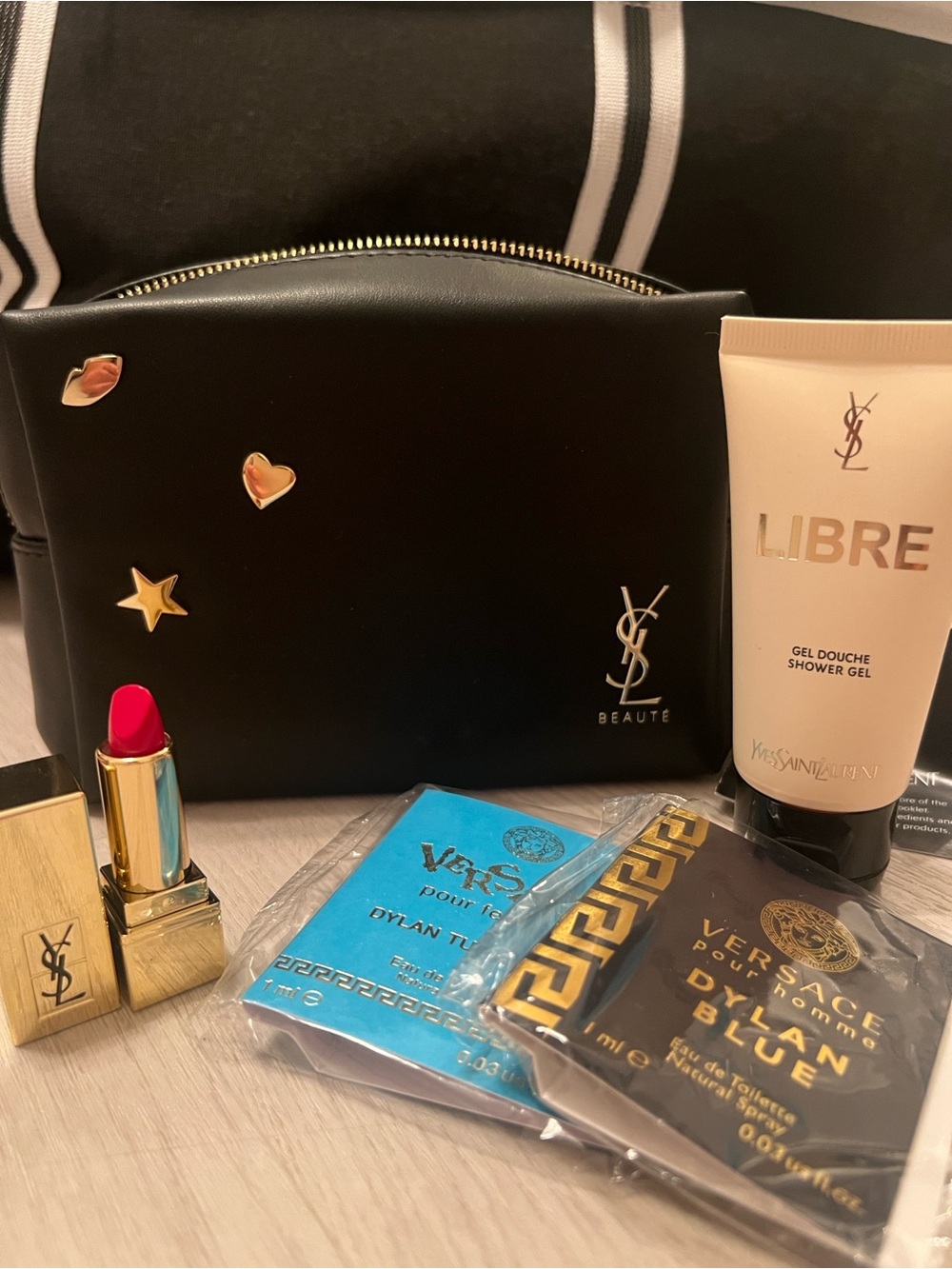 Yves Saint Laurent Black Leather Pouch with Gold Logo & Heart Studs